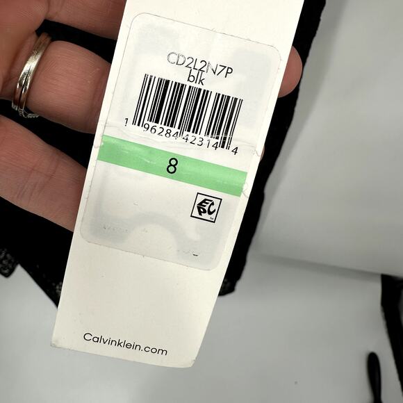 CALVIN KLEIN NWT Black Puff Sleeve Tiered Hem Lace  Dress // 8 - Picture 6 of 14